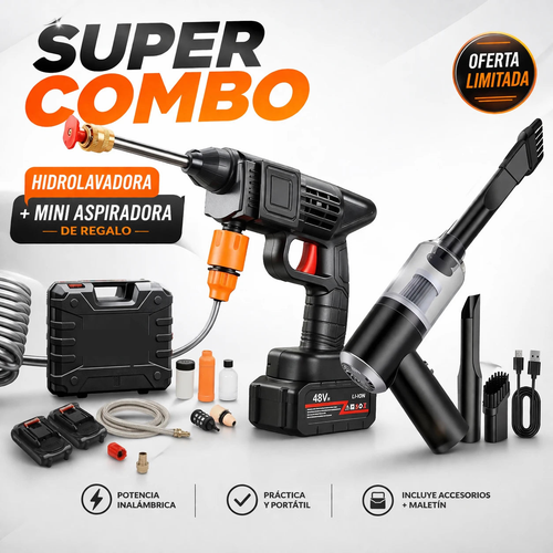 COMBO: Hidrolavadora + (Aspiradora Portátil + Doble Batería + Maletín)